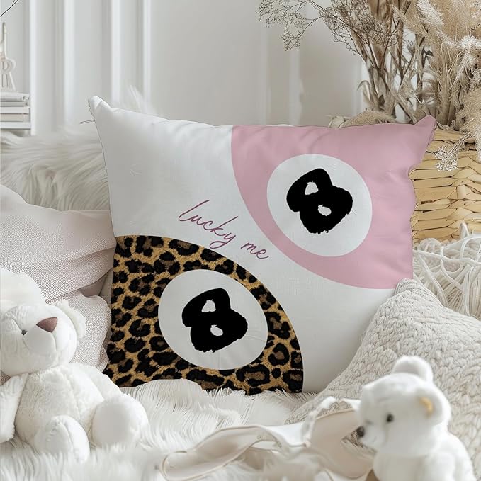 Preppy Pink Leopard Print Lucky 8 Ball Throw Pillow Covers 18x18, Cheetah Room Decor, Funky Y2K Leopard Print Decorative Pillow Covers for Girls Room Dorm Apartment