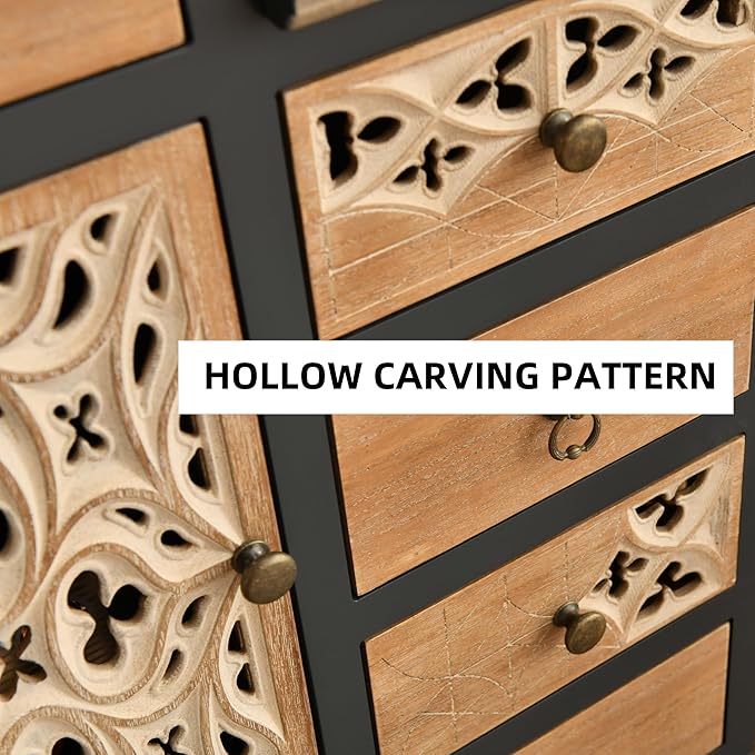 Farmhouse Accent Chest with Carved Door and 5-Drawers, Vintage Storage Cabinet Modern Dresser for Living Room, Entryway, Hallway, Multi-Drawer Organizer, Natural and Deep Blue