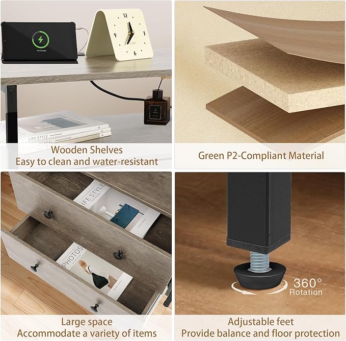 27 inch Wide Night Stand Set 2 with Charging Station, Bedside Table with Open Shelf, 2 Drawers Small Wood Dresser, Modern Wood Nightstand for Bedroom/Living Room (Rustic Gray)