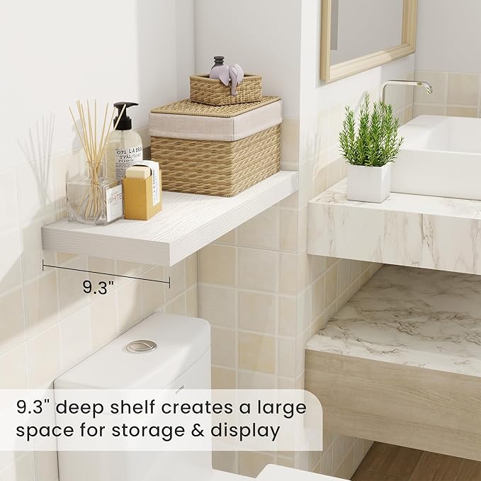 Fun Memories 24 Inch Floating Shelves for Wall, 9 Inch Deep White Rustic Wood Wall Mounted Shelves for Bathroom, Kitchen, Living Room, Set of 2