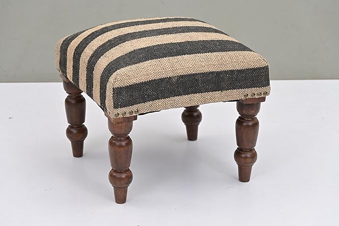 Handmade Jute Soft Ottomans Square Shape Stool for Sitting and Foot Rest with Wooden Legs, Entryway Modern Stool for Living Room, Bedroom, Hall (White, L 15.74 x W 15.74 x H 14 inch)