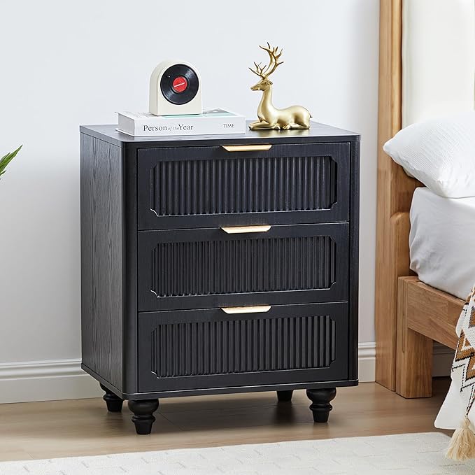 Fluted Nightstand Set 2 22.9'' Wood Nightstands with Drawers Bedside Table Set of 2 Mid Century Drawer Dresser for Bedroom Living Room Black
