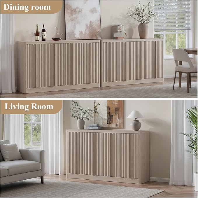 Fluted Buffet Cabinet with Storage, 120" Sideboard Buffet Storage Cabinet with 8 Doors & Solid Wood Handle, Coffee Bar Wood Credenza Cabinet for Kitchen, Dining Room, Living Room, Natural Oak(2PCS)