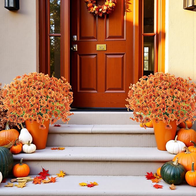 Uieke 72 Bundles Artificial Fall Flowers for Outdoors UV Resistant No Fade Faux Autumn Plants for Outside Home Garden Wedding Party Fall Décor (Orange)