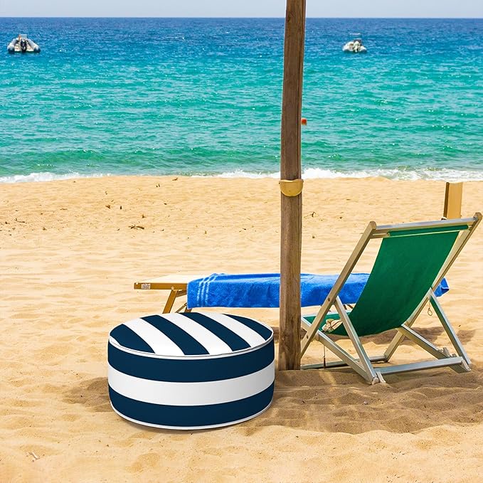 Inflatable Ottoman Stool D21 xH9 for Outdoor/Indoor Use, Water Repellent Patio Foot Rest Stool with Portable Handle,Round Pouf Ottoman Suitable for Garden,Deck and Camping - Cabana Navy