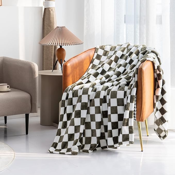 LOMAO Throw Blankets Flannel Blanket with Checkerboard Grid Pattern Soft Throw Blanket for Couch, Bed, Sofa Luxurious Warm and Cozy for All Seasons (Dark Olive, 40"x50")