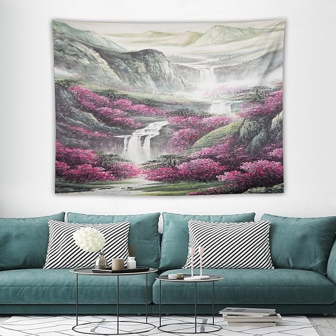 Japanese Tapestry, Red Plum Blossom Mountain Tapestry, Asian Japanese Wall Tapestry, Nature Landscape Tapestries for Bedroom Living Room Decor 80"x60"