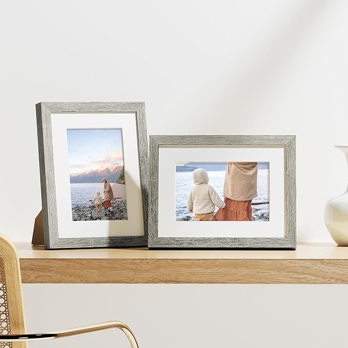 Vittanly 6x8 Picture Frames Set of 9, Shatter Resistant Plexiglass, Display 4x6 Pictures with Mat or 6x8 without Mat, Photo Frames for Wall or Tabletop, Engineered Wood, Grey