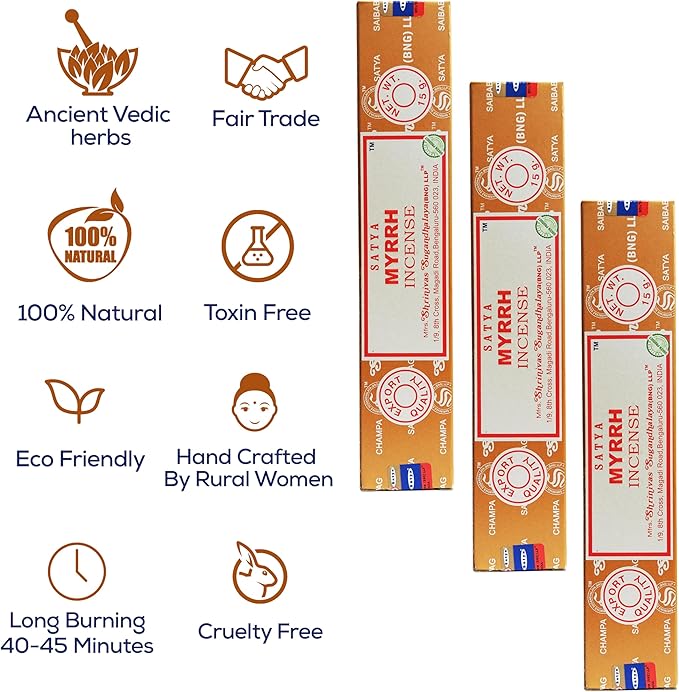 Satya Myrrh Incense Sticks, Bng 15gmx12 Pack With Raajsee Incense Holder Bundle, Nagchampa Natural