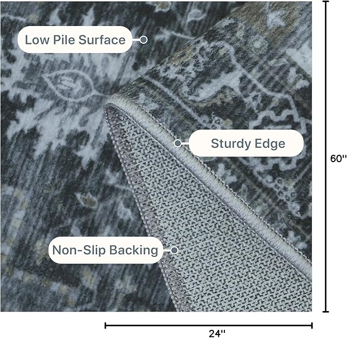 GENIMO 2x5 Runner Rugs for Hallway, Machine Washable Non Slip Vintage Rugs, Low Pile Lightweight Soft Print Rug for enrtyway, Corridor, Home Office, Kitchen,Dark Gray