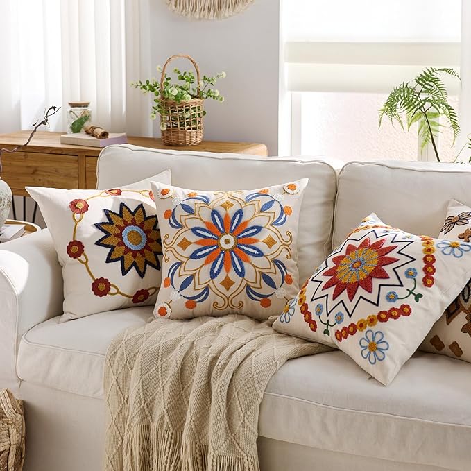 Embroidered Throw Pillow Cover 20x20 Classic Boho Floral Pattern Pillows Cover Outdoor Decorative Pillowcase,Durable Cozy Textured Cushion Case for Sofa Couch Bed Living Room,Orange Blue