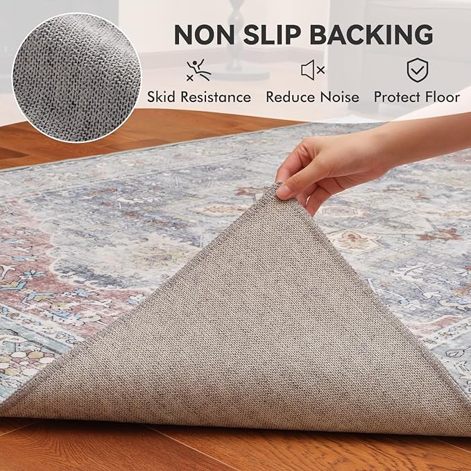 Pink Slate Blue Washable 5x7 Area Rugs for Living Room Rug Bedroom Rug-Carpet Vintage Traditional Dining Room Rugs Office Soft Comfortable Non Slip