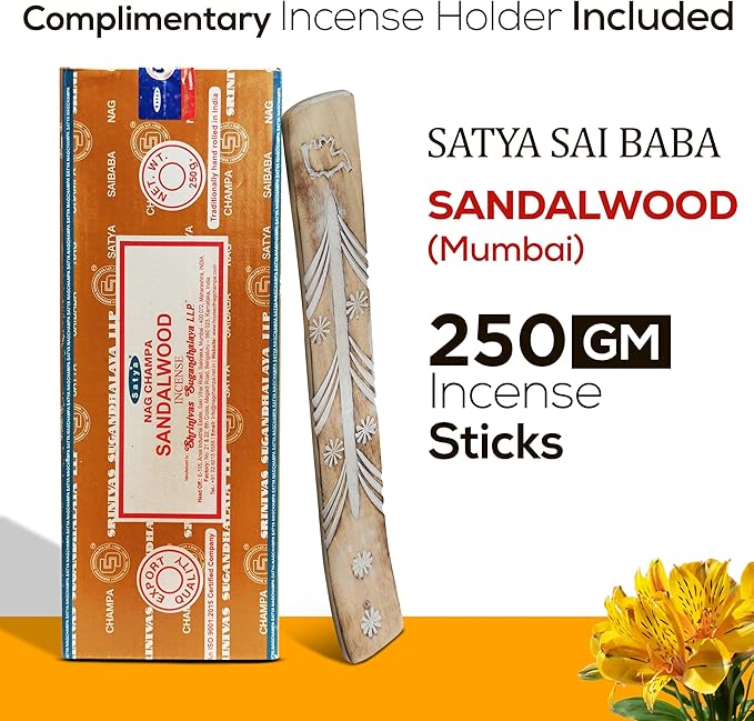 Satya Sandalwood Incense Sticks 250 gm Pack, Insenses with Raajsee Insence Holder Bundle, Nag Champa Natural Incense
