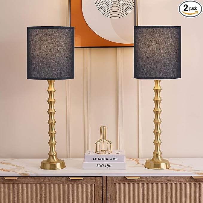 30.5" Gold Table Lamps with Black Shade Set of 2, Golden Buffet Table Lamp for Living Room, Modern Black Gold Lamps Set of 2 Tall Skinny, Tall Golden Bamboo Lamp for Home Office