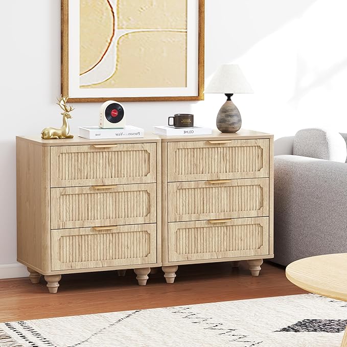 Fluted Nightstand Set 2 22.9'' Wood Nightstands with Drawers Bedside Table Set of 2 Mid Century Drawer Dresser for Bedroom Living Room Natural
