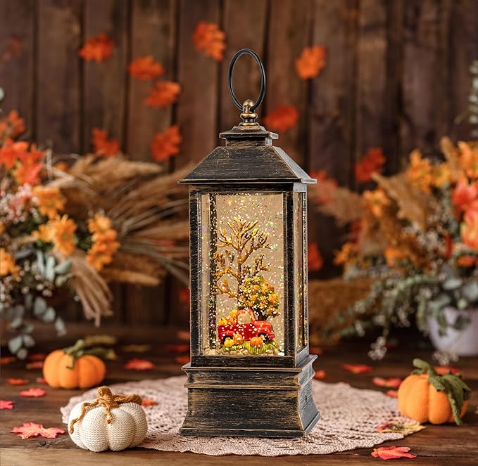 10'' Fall Snow Globe Lantern, Thanksgiving Lighted Lantern, Swirling Glitter Snow Globe for Fall Harvest Day Decorations, Home Fall Decor, Halloween and Gift (Truck&Pumpkins)