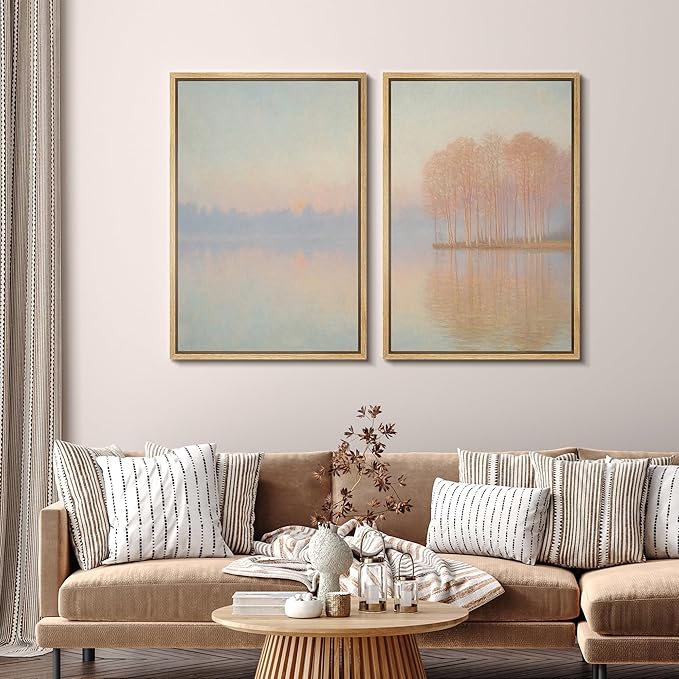 SIGNFORD Framed Canvas Print Wall Art Set Pastel Lake Landscape Serene Sunrise Water Reflection Illustration Modern Art Decorative Nordic Nature for Living Room, Bedroom, Office - 24"x36"x2 Natural