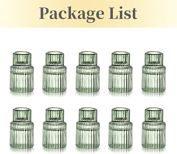 Hewory Glass Taper Candle Holders: 10 PCS Green Vintage Candle Holder Candlestick Holders Bulk, Ribbed Glass Candle Holder Candle Sticks Holder Decor for Table Centerpiece Wedding Christmas Home Decor
