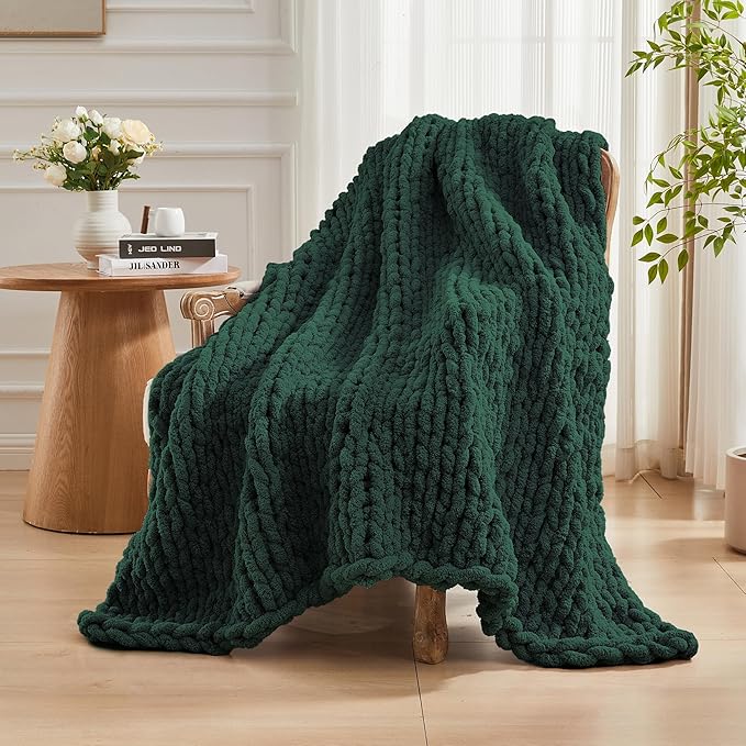 Carriediosa Chunky Knit Throw Blanket 60" X 80" Twin, 100% Hand Made Large Chenille Loop Yarn Soft Fluffy Throws for Couch Sofa Bed, Big Crochet Cozy Heavy Thick Cable Woven Blankets, Dark Green
