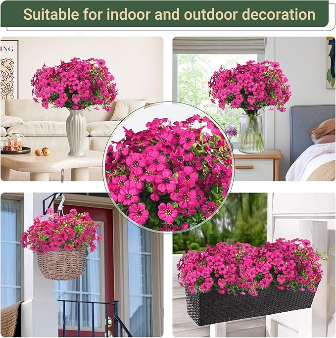 24 Bundles Artificial Flowers for Outdoors & Indoors – UV Resistant Faux Plastic Plants for Garden, Patio, Porch, Window Box, Home Decor – Lush & Vibrant Fake Flowers, Rose red