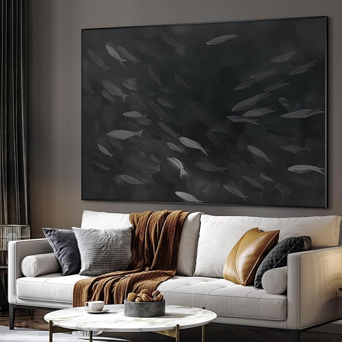 SIGNWIN 36"x46" Extra Large Framed Wall Art Monochrome Fish Silhouettes Illustration for Home Living Room Bedroom Decor (Frame Assembly Required)