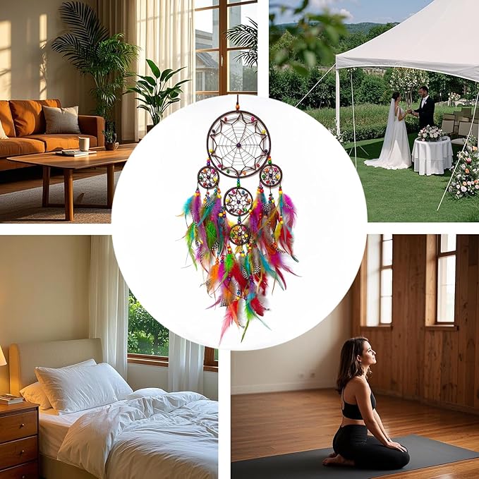 Large Dream Catcher Wall Decor Colorful Dream Catchers with Wooden Bead Handmade Feather Dreamcatcher Wall Hanging Ornament for Bedroom Living Room Home Decor
