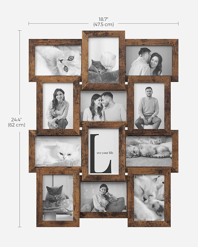 SONGMICS Collage Picture Frames, 4x6 for Wall Decor Set of 12, Multi Family Photo for Gallery Decor, Hanging Display, Assembly Required, Rustic Brown