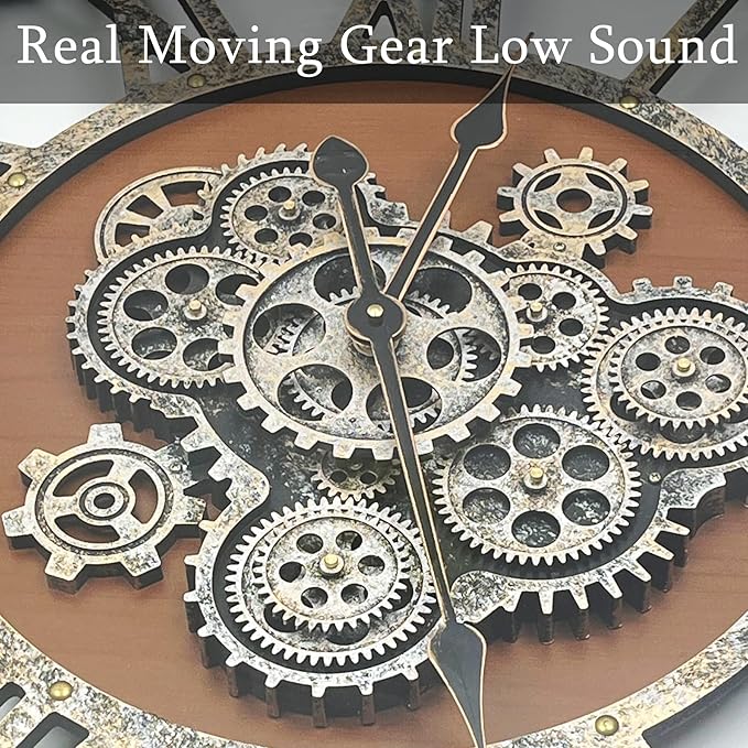 24 Inch Moving Gear Wall Clock, Oversized Wall Clocks, Clock Living Room Decor, Solid Wood Frame, Battery Operated, Large Wall Clock with Steampunk Industrial for Fireplace(Machilus)