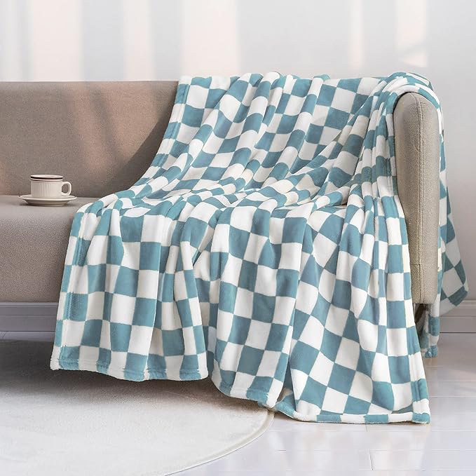 LOMAO Throw Blankets Flannel Blanket with Checkerboard Grid Pattern Soft Throw Blanket for Couch, Bed, Sofa Luxurious Warm and Cozy for All Seasons (Light Blue, 40"x50")
