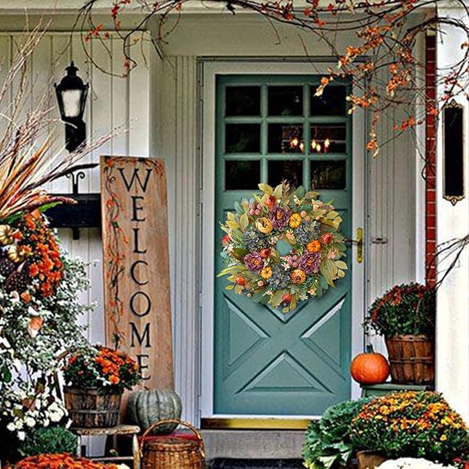 WANNA-CUL 24 Inch Spring Fall Wreaths for Front Door with Blue Hydrangea, Fall Wreath Front Door with Purple Orange Peony and Pumpkins-Fall Decoration for Home-Large Fall Decor Door Wreath for Autumn