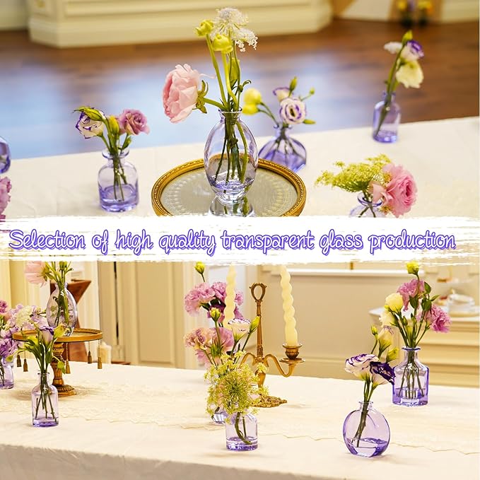 Glass Bud Vases Set of 12, Purple Small Glass Vase for Wedding Centerpieces, Clear Vase in Bulk | Purple Bud Flower Vases for Elegant Floral Displays, Table Decor, Event Styling