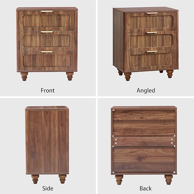 3 Drawer Dresser for Bedroom, Mid Century Modern Closet Dressers Chest of Drawers, Fluted Wood Wide Nightstand Storage Dresser with Drawers for Living Room, Dressing Room, Entryway, Hallway, Walnut