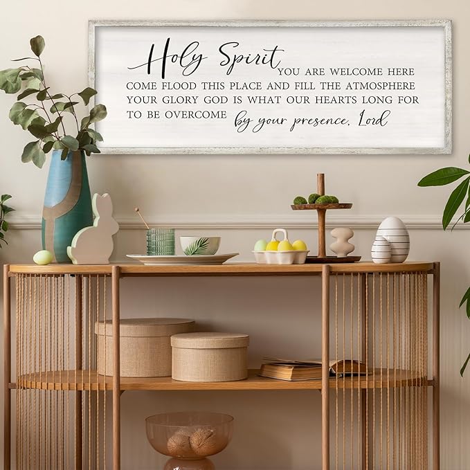 Holy Spirit You are Welcome Here Wall Decor Art 40x15 Inch Large Christian Song Bible Verse Plaque Wood Framed Sign Living Room Scripture Quote Religious For Office Wall Hanging (White)