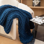 WESHIONGOO Chunky Knit Blanket Throw 40"*40" Knitted Throw Blankets for Couch Bed Fluffy Soft Blanket with Jumbo Chenille Yarn Thick 100% Handmade(Navy Blue)