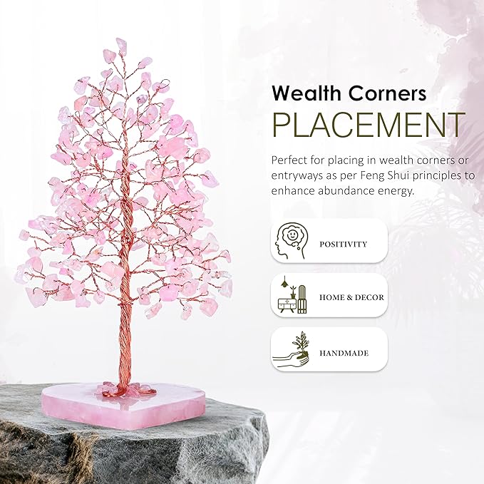 Crocon Crystal Heart Base Tree of Life Gifts for Women, Rose Quartz Healing Crystals Tree Brings Positive Energy, Good Luck, Money, Feng Shui Home & Office Desk Decor, for Mom & Wife Present