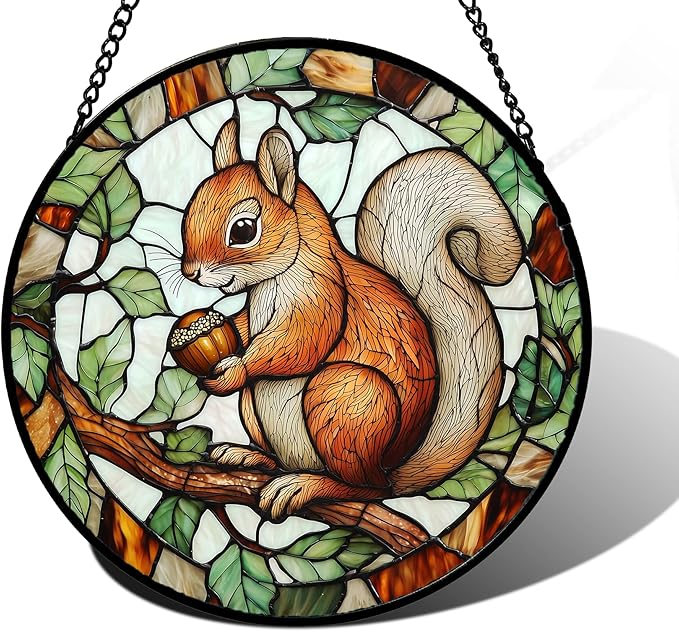 Stained Glass Window Hanging, Squirrel on a Branch Suncatcher Diamond Glass Panel Animal Sun Catchers Decor for Birthday for Women, Men, Wife, Aunt, and Mom 11.8x11.8 in
