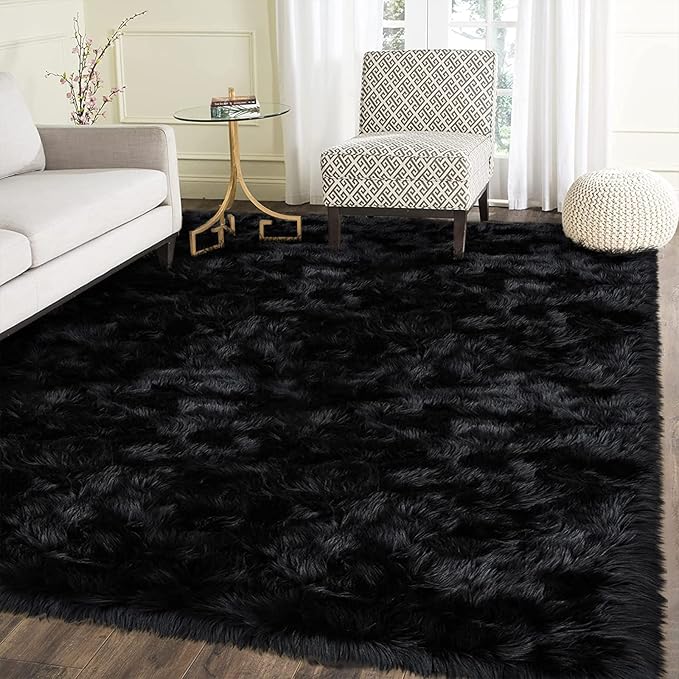 Latepis Black Carpet 4x6 Area Rug for Bedroom Fuzzy Faux Sheepskin Fur Rug for Living Room Bedside Rugs for Dorm Sofa Floor Luxury Home Decor