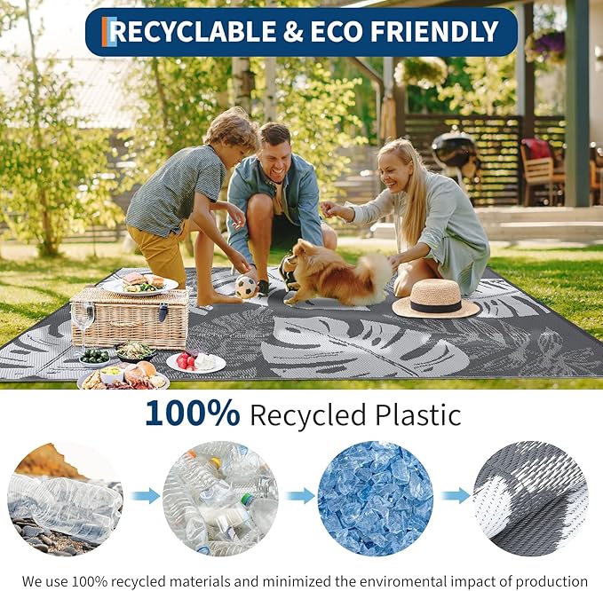 GAOMON Waterproof Outdoor Rug 8x10 Reversible Outdoor Plastic Straw Rug Modern Patio Carpet, Foldable Lightweight RV Camping Mat with Portable Bag & 4 Stakes, UV Resistant & Sturdy for Picnic, Grey