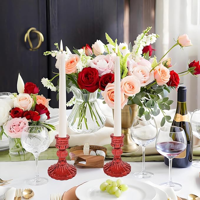 Glass Candlestick Holder,Striped Taper Candle Holders,Set of 6 Candle Stand for Table Centerpieces, Home Decor,Weddings,Festival and Parties (Red Stripe Pattern)