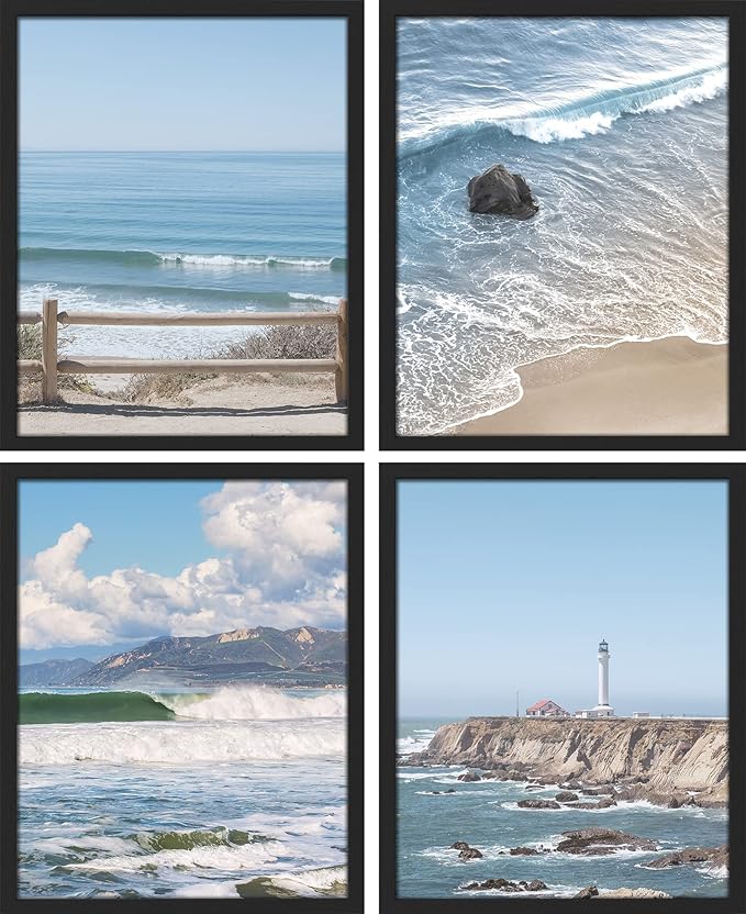 SIGNWIN Framed White Aerial View Blue Ocean Wave Beach Shore Wall Art, Set of 4 Landscape Colorful Wall Decor Prints, Nature Wilderness Wall Décor for Living Room, Bedroom - 12"x16" Black