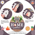 Interchangeable Welcome Sign for Front Door with 14 Changeable Icons, Farmhouse Front Porch Decor Rustic Wooden Wall Sign with 12 LED Lights, Outdoor Seasonal Welcome Home Decorations (Wood home1)