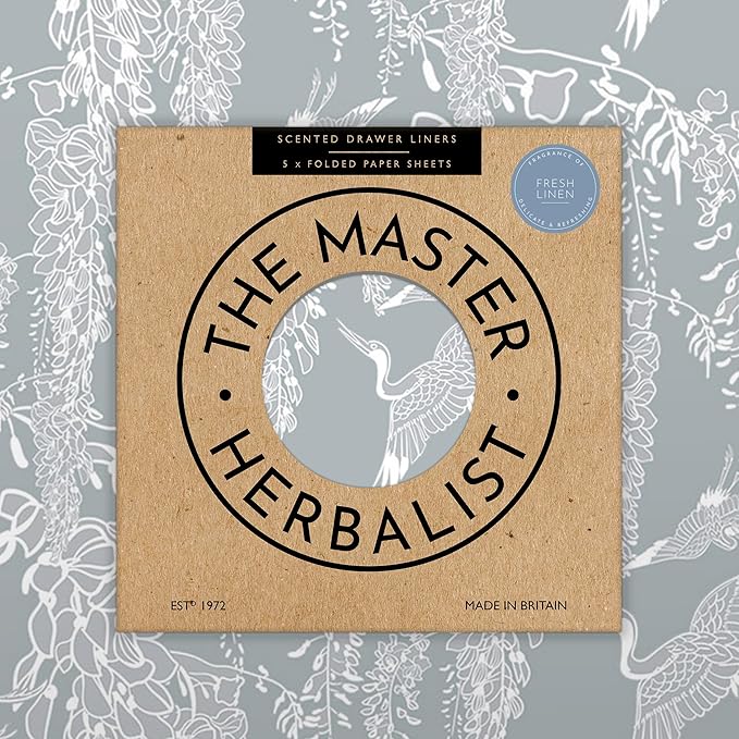 The Master Herbalist Fragrant Fresh Linen Scented Drawer Liners in a Classical Heron Design (Folded) | Pack of 5 Sheets | Contains Essential Oils | Made in The UK. (Fresh Linen, Folded)