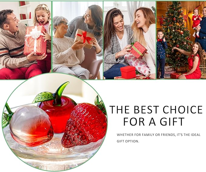 Set of 3 Crystal Fruits Decoration for Home Kitchen Glass Red Strawberry Apple Peach Fruit Figurines Glass Fruits Decor for Wedding Birthday Tabletop Centerpiece