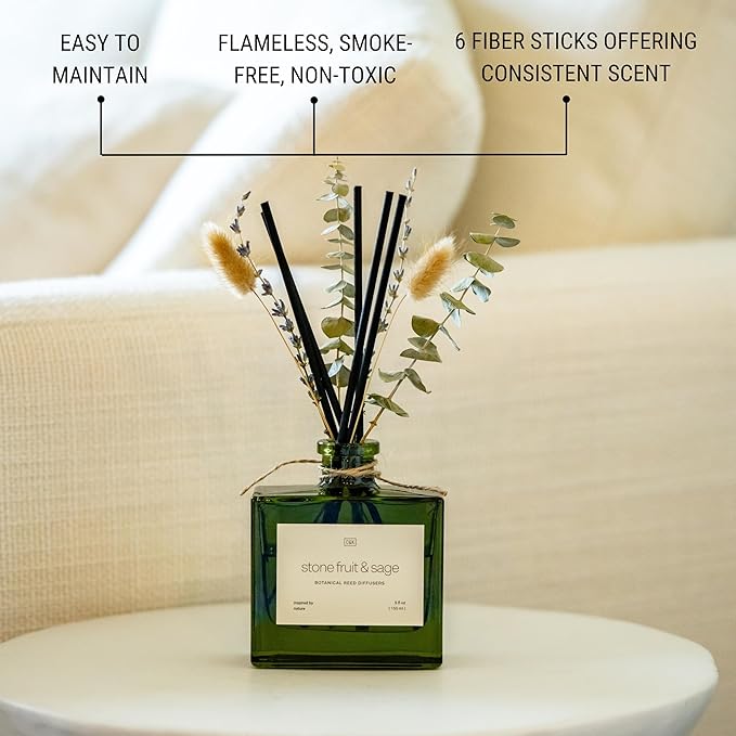 Craft & Kin Reed Diffuser with Dried Flowers | 5 oz Stone Fruit & Sage Scented Fall Reed Diffusers for Home, Bathroom | Scent Sticks | Elegant Fragrance Home Decor for Men & Women