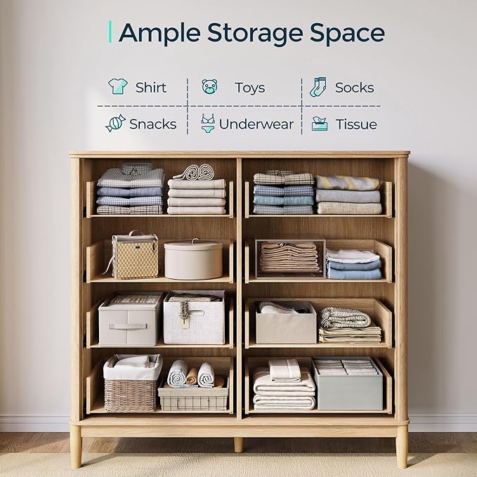 LINSY HOME Fluted Dresser for Bedroom with 8 Drawers, 47" Wide Mid Century Modern Dressers, Tall Boho Chest of Drawers, Large Wood Accent Storage Cabinet for Living Room, Curved Profile Design, Oak