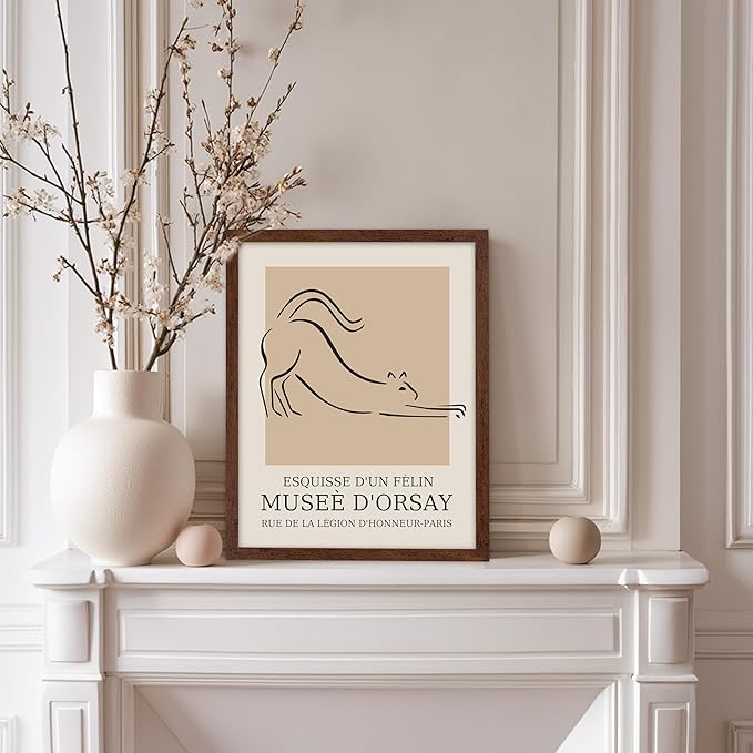 Poster Master Vintage Poster - Retro Minimalist Print - Gift for Artist, Housewarming - Cat, Line Drawing, Sketch, Abstract - Wall Decor for Living Room, Bedroom, 8x10 Brown Framed