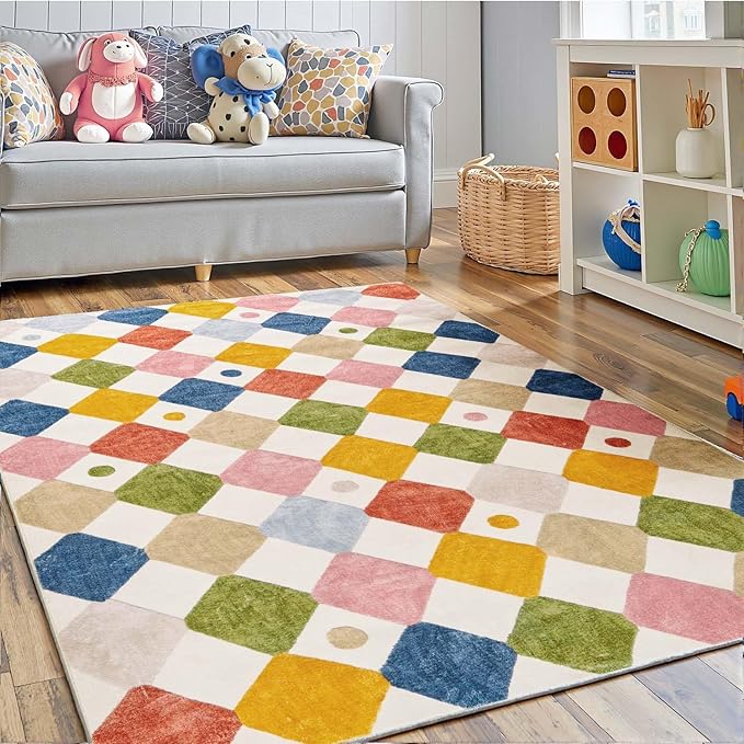 jinchan Area Rug 4x6 Kids Washable Indoor Floor Cover Non-Slip Modern Soft Rug Elementary School Classroom Colorful Diamond Carpet for Nursery Playroom Daycare Bedroom Living Room Circus on Cream