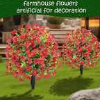 22.8" Set of 2 Fall Artificial Boxwood Topiary Ball with Spikes,UV Resistant Fake Outdoor shrubs with Violet Flowers, Realistic Faux Plants Bushes for Garden Front Porch Yard Patio Decor(Red)