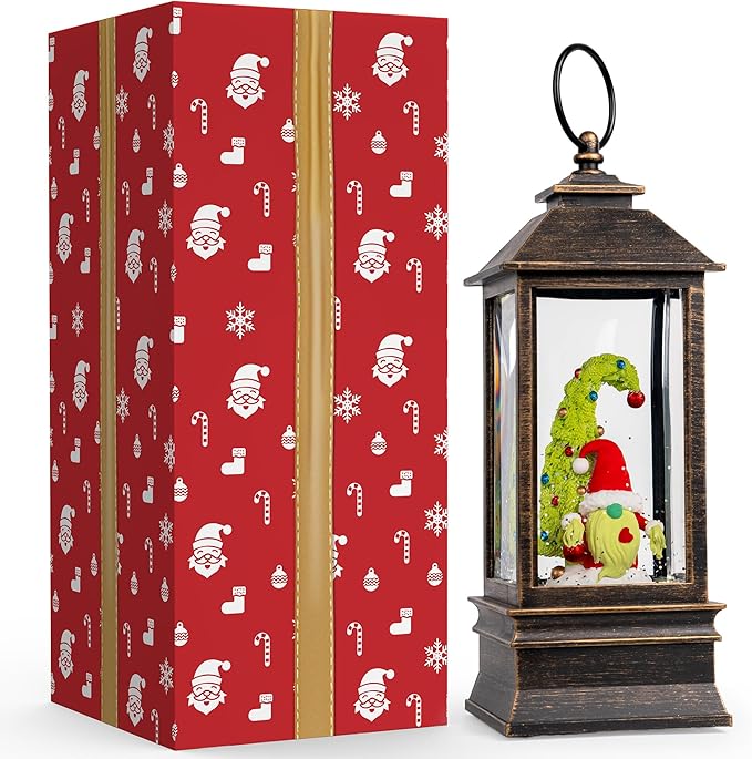 10'' Christmas Gnomes Snow Globe Lantern Lighted Santa Elf Musical Water Lantern Swirling Glittering Home Decoration and Gift, Battery Operated or USB Powered