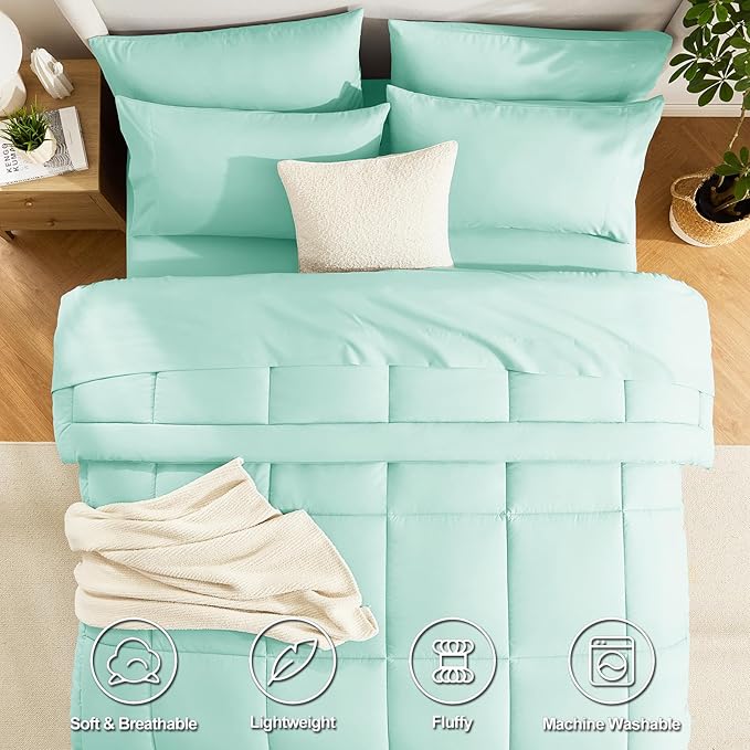 CozyLux Queen Comforter Set Mint Green, 7 Pieces Bed in a Bag, Green Comforter Queen Size, All Season Bedding Sets with Stitch Quilted Comforter, Flat Sheet, Fitted Sheet, Pillowcases